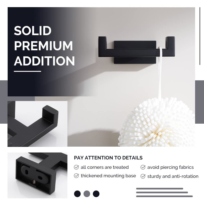 Angle Simple Double Towel Hook Matte Black, Stainless Steel Bathroom Towel Holder, Coat Robe Hook Wall Mount - Image 4